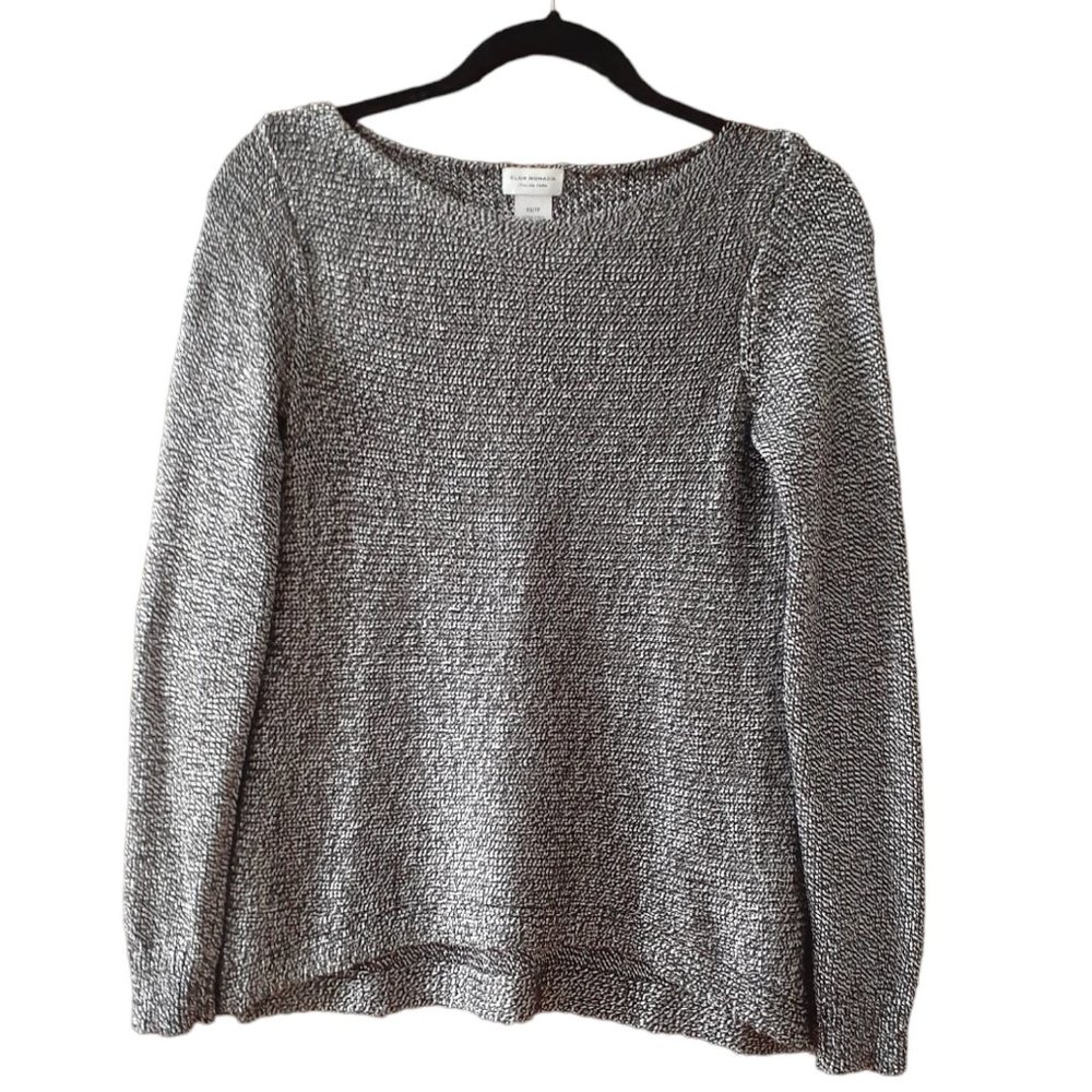 CLUB MONACO Italian Yarn Metallic Textured Knit Scooped Hem Crew Neck Sweater